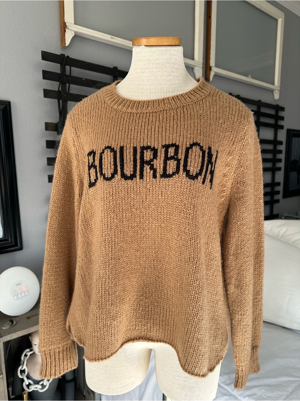 Wooden Ships Camel Crewneck Sweater with Black BOURBON Text size S/M - Picture 7 of 16